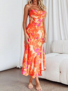 Hello Molly Silky Silhouette Midi Dress - Orange Floral - Size 8 / Large